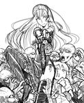  axe chainsaw chicks_with_chainsaws dress hime_(kaibutsu_oujo) hinoki hiyorimi_hiro kaibutsu_oujo lilianne long_hair lowres monochrome monster o3o o_o panties side-tie_panties thighhighs tiara torn_clothes underwear weapon 