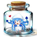 3d blue_hair bottle chibi dress hat heart ikamusume in_bottle in_container jar lilita_(lilichi) long_hair mini-ikamusume open_mouth shinryaku!_ikamusume solo tentacle_hair tentacles 