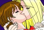  allen_schezar blonde_hair brown_hair couple eyes_closed hug kanzaki_hitomi kiss kissing long_hair ribbon short_hair tenkuu_no_escaflowne 