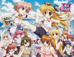  6+girls absurdres agito_(nanoha) ahoge animal_ears annotated armpit_peek bike_shorts blonde_hair blue_eyes braid brown_hair casual character_request closed_eyes cloud day fate_testarossa fighting flag flying_kick fujima_takuya green_eyes hair_ornament hairclip hand_on_hip heterochromia highres kicking legs long_hair lyrical_nanoha mahou_shoujo_lyrical_nanoha_strikers mahou_shoujo_lyrical_nanoha_vivid miura_rinaldi multiple_girls nove_(nanoha) numbers_(nanoha) official_art one_eye_closed open_mouth orange_hair pink_hair ponytail purple_eyes purple_hair red_eyes red_hair reinforce_zwei scan shamal short_hair short_twintails shorts side_ponytail signum silver_hair sky subaru_nakajima takamachi_nanoha teana_lanster track_suit twintails very_long_hair vita vivio x_hair_ornament yagami_hayate yellow_eyes zafira 