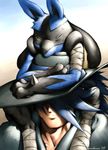  2005 blue blue_hair eyes_closed hair hat hug human karabiner lucario male pawpads pok&eacute;mon pokemon_trainer short_hair sir_aaron 