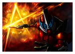  explosion glowing glowing_eyes kamen_rider kamen_rider_accel kamen_rider_w male_focus ray_(r-a-y) red solo sword weapon 