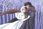  1girl 90s cloak couple deedlit elbow_gloves gloves hetero hood hug non-web_source parn protecting record_of_lodoss_war scarf tree winter 