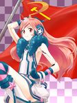  ahoge belt boots checkered checkered_background communism dress flag gloves hammer_and_sickle huge_ahoge ikusotsu leg_up long_hair red_eyes red_hair robot_joints sf-a2_miki smile socks solo soviet star vocaloid 