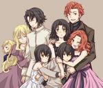  4girls arm_grab baccano! bare_shoulders black_hair blonde_hair bob_cut chane_laforet charon_walken claire_stanfield claudia_walken closed_eyes dress family father_and_daughter frown green_eyes guratan-hige huey_laforet hug husband_and_wife long_hair luchino_campanella mandarin_collar monica_campanella multiple_boys multiple_girls one_eye_closed red_eyes red_hair riza_laforet short_hair smile very_long_hair 