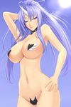  areola_slip areolae arm_up blue_eyes blue_hair blush breasts collar hand_on_hip highres horn huge_breasts lips long_hair maebari nude original pasties ponytail shuugetsu_karasu slender_waist smile solo sun 