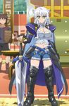  ahoge animal_ears armor boots braid breasts cleavage cutoffs denim denim_shorts dog_days fingerless_gloves gloves grey_hair highres large_breasts leonmitchelli_galette_des_rois long_hair midriff navel panties screencap shorts stitched sword third-party_edit thong underwear weapon yellow_eyes 