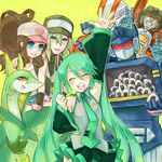  2girls blue_eyes brown_hair closed_eyes crossover detached_sleeves food gen_5_pokemon green_hair hat hatsune_miku highres long_hair multiple_girls n_(pokemon) necktie no_pupils onigiri open_mouth optimus_prime pleated_skirt pokemon pokemon_(creature) pokemon_(game) pokemon_bw rkp serperior skirt soundwave starscream touko_(pokemon) transformers translated twintails very_long_hair vocaloid 