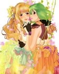  absurdres blonde_hair blue_eyes dress ebata_risa gloves green_hair hair_ribbon heart highres jewelry long_hair macross macross_frontier multiple_girls orange_dress ranka_lee red_eyes ribbon sheryl_nome short_hair single_earring 