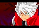  blazblue close-up heterochromia jacket male_focus panty_&amp;_stocking_with_garterbelt parody portrait ragna_the_bloodedge serious solo spiked_hair style_parody white_hair 