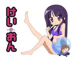  akiyama_mio ball bangs bare_arms bare_legs bare_shoulders barefoot beachball bikini black_eyes black_hair blue_bikini blush breasts cleavage dongu-riko dot_nose eyebrows_visible_through_hair food from_side full_body hirasawa_yui holding holding_ball holding_food k-on! leg_lift long_hair looking_at_viewer looking_to_the_side lucky_star medium_breasts parody popsicle raised_eyebrows simple_background sitting style_parody swimsuit title_parody translated tsurime very_long_hair white_background 