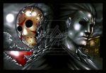  blood coat crossover epic fangs friday_the_13th halloween_(movie) hockey_mask house jacket jason_voorhees jumpsuit lake mask michael_myers moon multiple_boys saliva teeth torn_clothes vs watermark 