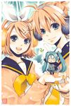  2girls blonde_hair blue_eyes earmuffs hachune_miku hair_ornament hair_ribbon hairclip kagamine_len kagamine_rin multiple_girls ribbon rinko_(41r) short_hair smile spring_onion twintails vocaloid 