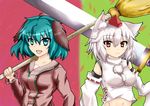  animal_ears bad_id bad_pixiv_id bamboo_broom blush broom detached_sleeves green_eyes green_hair hat inubashiri_momiji kasodani_kyouko kuga_zankurou midriff multiple_girls navel open_mouth over_shoulder red_eyes short_hair silver_hair smile sword sword_over_shoulder tokin_hat touhou upper_body weapon weapon_over_shoulder wolf_ears 