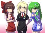  7-eleven angry blonde_hair bow brown_eyes brown_hair contemporary employee_uniform familymart green_hair hair_bow hakurei_reimu kirisame_marisa kochiya_sanae lawson leon_(mikiri_hassha) md5_mismatch multiple_girls nervous pantyhose tears touhou uniform yellow_eyes 