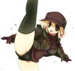  blonde_hair gloves green_eyes hat leg_up open_mouth original pointy_ears sakaki_(noi-gren) short_hair solo thighhighs turtleneck 