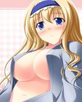  blonde_hair blue_eyes blue_hairband blush breasts cecilia_alcott cleavage hairband highres infinite_stratos large_breasts long_hair solo tsuda_akira 