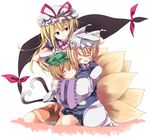  :3 animal_ears bad_id bad_pixiv_id blonde_hair blush bow brown_hair cat_ears cat_tail chen closed_eyes fox_ears fox_tail gap hand_on_head hat heart heart_tail hug multiple_girls multiple_tails purple_eyes red_eyes short_hair smile tail touhou yakumo_ran yakumo_yukari yukimiya_(parupunta) 