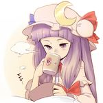  bangs blunt_bangs book bow crescent cup daitai_konna_kanji drinking hair_bow hat long_hair patchouli_knowledge purple_eyes purple_hair reading solo touhou upper_body 