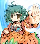  ahoge bad_id bad_pixiv_id blush brown_eyes carazuki choker clenched_hand dress farah_oersted green_hair short_hair smile solo tales_of_(series) tales_of_eternia vest 