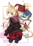  animal_ears bike_shorts blonde_hair blue_eyes bowl can cat_ears cat_tail cattail hands_in_pockets highres hood hood_down hoodie looking_back nekomegane original pet_bowl plant skirt solo tail 