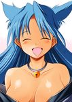  ^_^ bad_id bad_pixiv_id bare_shoulders bell blue_hair blush breasts cleavage closed_eyes collarbone face happy jewelry jingle_bell kojou large_breasts long_hair necklace rance_(series) sengoku_rance smile solo suzume_(rance) 
