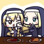  angelene aqua_eyes blonde_hair blush_stickers brown_eyes food habit long_hair lucia_(index) moja_(gibson) multiple_girls nun to_aru_majutsu_no_index wiping_mouth 