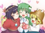  blonde_hair gift green_eyes green_hair heart holding holding_gift kochiya_sanae kotomi_(happy_colors) moriya_suwako multiple_girls purple_hair touhou upper_body yasaka_kanako yellow_eyes 