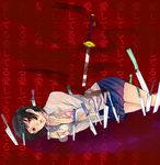  bad_id bad_pixiv_id black_hair bob_cut boxcutter bra breasts chiuan cleavage colorized durarara!! eyewear_removed fingernails fork glasses highres knife large_breasts lingerie lying machete on_side open_clothes open_shirt pleated_skirt red_eyes school_uniform scissors shirt short_hair skirt solo sonohara_anri sword underwear weapon 