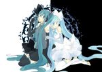  aqua_eyes aqua_hair dress dual_persona elbow_gloves gloves hatsune_miku headset leggings long_hair mui multiple_girls necktie open_mouth sitting skirt thighhighs toeless_legwear twintails very_long_hair vocaloid 