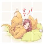  animal_ears barefoot brown_hair hat infinite_stratos looking_back nohotoke_honne on_bed open_mouth pajamas pillow smile solo yellow_eyes 