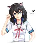  animal_ears bad_id bad_pixiv_id black_hair blue_eyes cat_ear_headphones cat_ears face headphones hwansang original paw_pose paw_print school_uniform simple_background sketch smile solo 