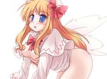  :o blonde_hair blue_eyes blush bottomless bow hair_censor hat highres lily_white long_hair lzh no_bra ribbon solo source_request touhou wings 