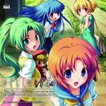  blonde_hair blue_eyes blue_hair brown_hair check_artist dress ekusa_takahito furude_rika green_eyes green_hair hairband higurashi_no_naku_koro_ni houjou_satoko long_hair multiple_girls official_art ponytail purple_eyes red_eyes ryuuguu_rena sailor_dress school_uniform short_hair smile sonozaki_mion 