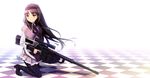  akemi_homura argyle argyle_legwear bad_id bad_pixiv_id black_hair bolt_action checkered checkered_floor cheytac_m200 gun hairband highres light long_hair magical_girl mahou_shoujo_madoka_magica one_knee pantyhose purple_eyes rifle sniper_rifle solo tsurusaki_yuu weapon 