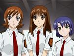  3girls blue_hair brown_eyes brown_hair doi_shizuha friends inside kikuhara_karin long_hair multiple_girls nakamura_ayamo necktie open_mouth orange_hair red_eyes school_uniform short_hair stratos_4 warehouse yellow_eyes 