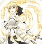  ahoge armor armored_dress artoria_pendragon_(all) bad_id bad_pixiv_id bare_shoulders blonde_hair bow detached_sleeves dress excalibur fate/stay_night fate/unlimited_codes fate_(series) faulds gauntlets green_eyes kauto ponytail ribbon saber saber_lily solo sword weapon 