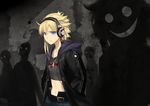  ahoge belt blonde_hair blue_eyes hands_in_pockets headphones hood hood_down hoodie kriss_sison looking_at_viewer midriff navel open_clothes open_hoodie original shadow short_hair silhouette_demon solo star tank_top 