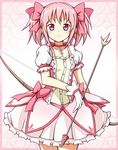  arrow blush bow_(weapon) bubble_skirt choker gloves heart heart-shaped_pupils jewelry kaname_madoka karamoneeze magical_girl mahou_shoujo_madoka_magica pendant pink_eyes pink_hair puffy_sleeves red_choker serious short_hair short_twintails skirt solo symbol-shaped_pupils twintails weapon 