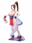  blush breasts brown_eyes brown_hair fatal_fury female full_body king_of_fighters large_breasts long_hair nipples ponytail rickert_kai shiranui_mai simple_background snk solo white_background 