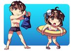  1girl :o ahoge barefoot bikini blush breasts brother_and_sister brown_eyes brown_hair enoo frown hair_ornament hairpin innertube kresnik_ahtreide open_mouth ribbon sandals school_swimsuit short_hair shorts siblings simple_background small_breasts swimsuit wild_arms wild_arms_4 yulie_ahtreide 