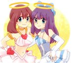  alternate_costume alternate_headwear blue_eyes bridal_gauntlets brown_hair choker cosplay frills hagino_aki halo halter_top halterneck haruka_(pokemon) hikari_(pokemon) midriff multiple_girls navel no_hat no_headwear panty_&amp;_stocking_with_garterbelt panty_(psg) panty_(psg)_(cosplay) pokemon purple_hair smile stocking_(psg) stocking_(psg)_(cosplay) 