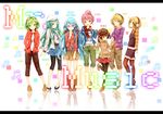  6+girls aqua_eyes aqua_hair beamed_eighth_notes belt blonde_hair blue_eyes bow brown_eyes brown_hair crossed_arms dabadhi earmuffs eyewear_on_head green_eyes green_hair gumi hair_bow hand_in_pocket hands_in_pockets hat hatsune_miku hatsune_miku_(append) highres kaai_yuki kagamine_len kagamine_rin letterboxed long_hair megurine_luka mr._music_(vocaloid) multiple_girls musical_note one_eye_closed pantyhose pink_hair scarf skirt stuffed_animal stuffed_toy sweater teddy_bear twintails very_long_hair vocaloid vocaloid_append 