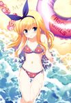  :o arm_support bare_shoulders beach bikini blonde_hair blush day eyebrows_visible_through_hair flat_chest floral_print from_above green_eyes hair_ribbon hairband highres innertube isurugi_mio long_hair looking_up mm! navel ocean official_art open_mouth outdoors partially_submerged print_bikini qp:flapper ribbon sand scan side-tie_bikini sitting solo swimsuit thigh_gap water wet 