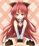  argyle argyle_background bad_id bad_pixiv_id black_legwear blush bow detached_sleeves food grin hair_bow long_hair magical_girl mahou_shoujo_madoka_magica naomi_(sekai_no_hate_no_kissaten) pocky red_eyes red_hair sakura_kyouko sitting smile solo thighhighs v_arms wariza 