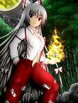  bad_id bad_pixiv_id breasts fire fujiwara_no_mokou highres long_hair medium_breasts moon red_eyes silver_hair solo toranashi touhou very_long_hair 