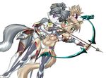  archery armor bell blush bow_(weapon) cat chochi collar couple cute experienced eye_patch feline female holding learning pose skimpy stance tuition unconvincing_armour wide_hips 