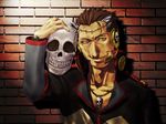  big_al brick_wall brown_hair headset jewelry male_focus namahamu_banana necklace popped_collar skull skull_necklace smile solo stitches vocaloid yellow_eyes 