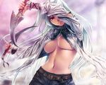  breasts open_shirt red_eyes rezi underboob weapon white_hair 