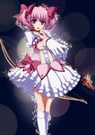  :o arrow bad_id bad_pixiv_id bow_(weapon) bubble_skirt choker foreshortening gloves highres jewelry juuya_(kisaragi18) kaname_madoka kneehighs magical_girl mahou_shoujo_madoka_magica pendant pink_eyes pink_hair puffy_sleeves red_choker short_hair short_twintails skirt solo sparkle twintails weapon white_legwear 